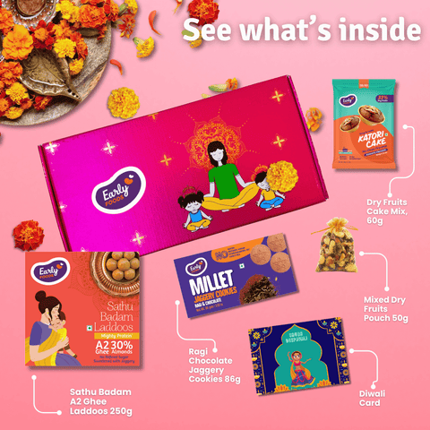 Diwali Snacks & Sweets Gift Hamper Sathu Badam Laddo 250gms, Ragi Choco Cookies 82gms, Almond Choco Cake Mix 60gms, Mixed Dry Fruits Pouch 50gms