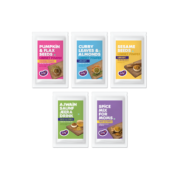 Combo of Spice Mix & Chutney Powders For Moms (Spice Mix, Ajwain Jeera Drink Mix, Curry Leaves & Almonds, White Sesame Seeds and Pumpkin & Flax Seeds)