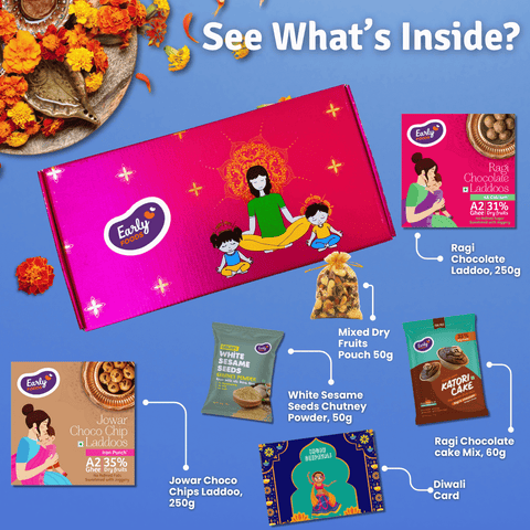 Early Foods - Diwali Snacks & Sweets Gift Hamper Jowar Chocochip Laddo 250gms, Ragi Chocolate Laddoo 250 gms, Almond Choco Cake Mix 60gms, White Sesame Chutney Powder 50 gms, Mixed Dry Fruits Pouch 50 gms & Greeting Card (Diwali Gift Hamper)