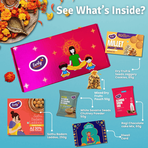Diwali Snacks & Sweets Gift Hamper Sathu Badam Laddo 250 gms, Dry Fruit Cookies 86 gms, White Sesame Chutney Powder 50 gms, Almond Drink Mix 50gms, Mixed Dry Fruits Pouch 50 gms & Greeting Card (Diwali Gift Hamper)