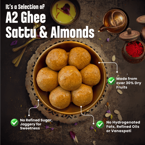 Diwali Snacks & Sweets Gift Hamper Sathu Badam Laddo 250 gms, Dry Fruit Jaggery Cookies 86 gms, White Sesame Seeds Chutney Powder 50 gms, Mixed Dry Fruits Pouch 50 gms & Greeting Card (Diwali Hamper)