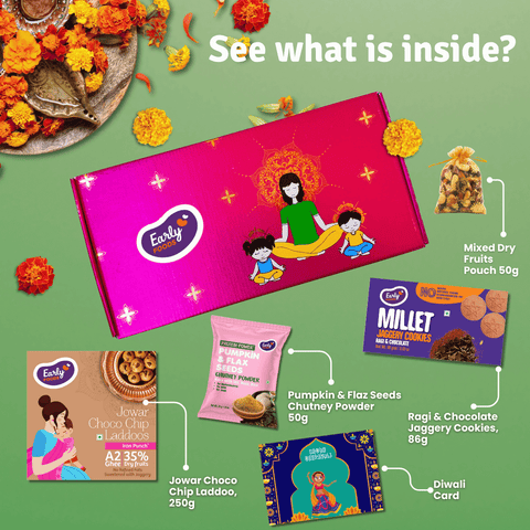 Diwali Snacks & Sweets Gift Hamper Jowar Chocochip Laddo 250 gms, Ragi Choco Cookies 86 gms, Pumpkin Chutney Powder 50 gms, Mixed Dry Fruits Pouch 50 gms & Greeting Card (Diwali Gift Box)