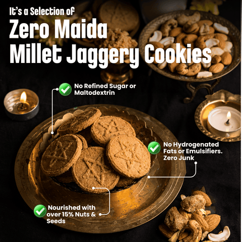 Diwali Snacks & Sweets Gift Hamper Sathu Badam Laddo 250 gms, Dry Fruit Jaggery Cookies 86 gms, White Sesame Seeds Chutney Powder 50 gms, Mixed Dry Fruits Pouch 50 gms & Greeting Card (Diwali Hamper)