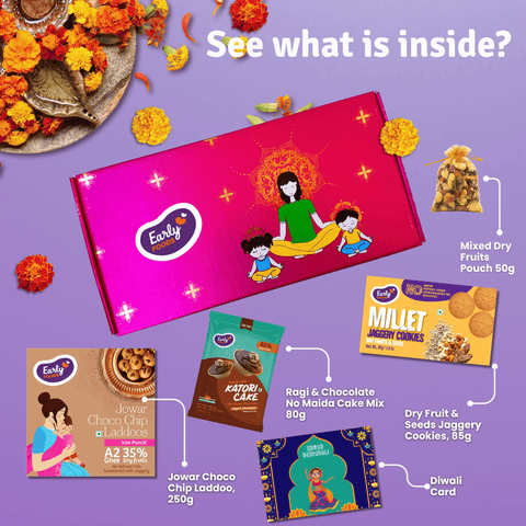 Diwali Snacks & Sweets Gift Hamper- Jowar Chocochip Laddoo 250gms, Dry Fruit Cookies 82gms, Ragi Choco Cake Mix 60gms, Mixed Dry Fruits Pouch 50gms & Greeting Card (Diwali Hamper)