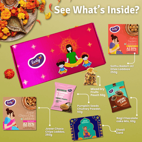 Diwali Snacks & Sweets Gift Hamper Jowar Chocochip Laddo 250gms, Sathu Badam Laddoo 250 gms, Ragi Choco Cake Mix 60gms, Pumpkin Flax Seeds Chutney Powder 50 gms, Mixed Dry Fruits Pouch 50 gms