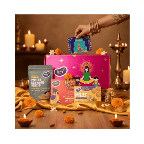 Diwali Snacks & Sweets Gift Hamper Sathu Badam Laddo 250 gms, Dry Fruit Jaggery Cookies 86 gms, White Sesame Seeds Chutney Powder 50 gms, Mixed Dry Fruits Pouch 50 gms & Greeting Card (Diwali Hamper)