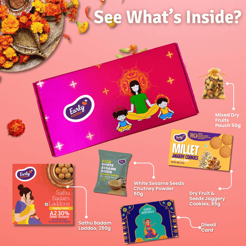 Diwali Snacks & Sweets Gift Hamper Sathu Badam Laddo 250 gms, Dry Fruit Jaggery Cookies 86 gms, White Sesame Seeds Chutney Powder 50 gms, Mixed Dry Fruits Pouch 50 gms & Greeting Card (Diwali Hamper)