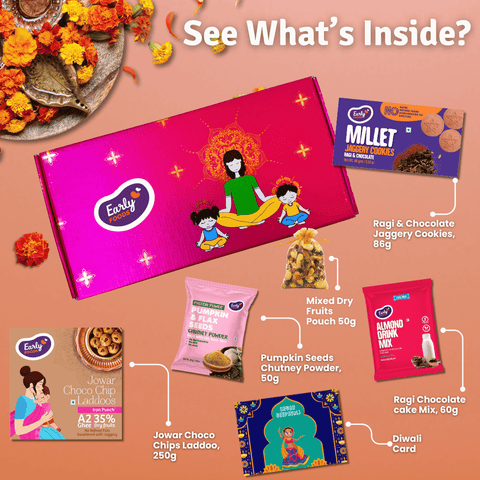 Diwali Snacks & Sweets Gift Hamper Jowar Chocochip Laddo 250 gms, Ragi Choco Cookies 86 gms, Pumpkin Chutney Powder 50 gms, Almond Drink Mix 50gms, Mixed Dry Fruits Pouch 50 gms & Greeting Card (Diwali Gift Box)