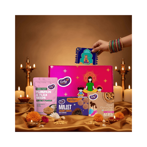 Diwali Snacks & Sweets Gift Hamper Jowar Chocochip Laddo 250 gms, Ragi Choco Cookies 86 gms, Pumpkin Chutney Powder 50 gms, Mixed Dry Fruits Pouch 50 gms & Greeting Card (Diwali Gift Box)
