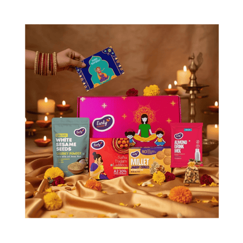 Diwali Snacks & Sweets Gift Hamper Sathu Badam Laddo 250 gms, Dry Fruit Cookies 86 gms, White Sesame Chutney Powder 50 gms, Almond Drink Mix 50gms, Mixed Dry Fruits Pouch 50 gms & Greeting Card (Diwali Gift Hamper)