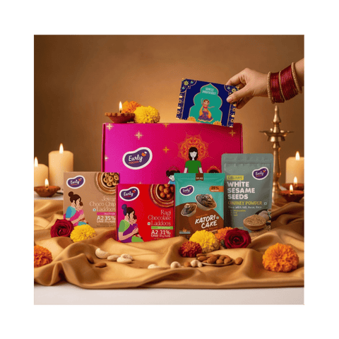 Early Foods - Diwali Snacks & Sweets Gift Hamper Jowar Chocochip Laddo 250gms, Ragi Chocolate Laddoo 250 gms, Almond Choco Cake Mix 60gms, White Sesame Chutney Powder 50 gms, Mixed Dry Fruits Pouch 50 gms & Greeting Card (Diwali Gift Hamper)