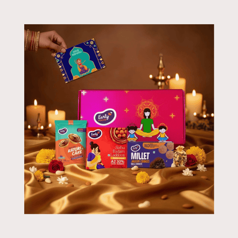 Diwali Snacks & Sweets Gift Hamper Sathu Badam Laddo 250gms, Ragi Choco Cookies 82gms, Almond Choco Cake Mix 60gms, Mixed Dry Fruits Pouch 50gms