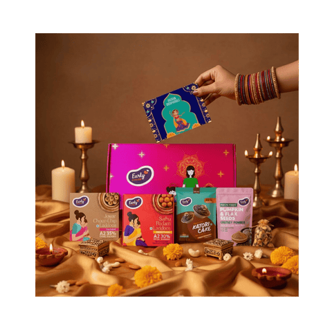 Diwali Snacks & Sweets Gift Hamper Jowar Chocochip Laddo 250gms, Sathu Badam Laddoo 250 gms, Ragi Choco Cake Mix 60gms, Pumpkin Flax Seeds Chutney Powder 50 gms, Mixed Dry Fruits Pouch 50 gms