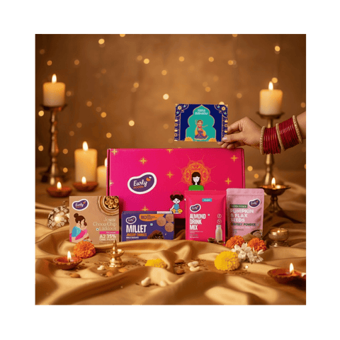 Diwali Snacks & Sweets Gift Hamper Jowar Chocochip Laddo 250 gms, Ragi Choco Cookies 86 gms, Pumpkin Chutney Powder 50 gms, Almond Drink Mix 50gms, Mixed Dry Fruits Pouch 50 gms & Greeting Card (Diwali Gift Box)