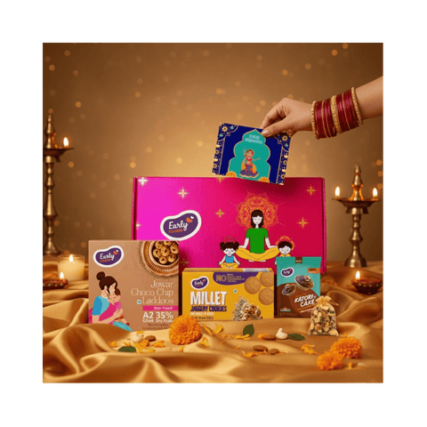 Diwali Snacks & Sweets Gift Hamper- Jowar Chocochip Laddoo 250gms, Dry Fruit Cookies 82gms, Ragi Choco Cake Mix 60gms, Mixed Dry Fruits Pouch 50gms & Greeting Card (Diwali Hamper)