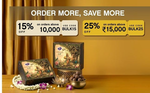 Promotional banner for Early Foods Gift Boxes, showing two gift boxes and a bowl of A2 Ghee Laddoos on a golden background with text reading 'ORDER MORE, SAVE MORE' and discount details.